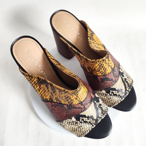 Gibson Latimer Snakeskin Goat Leather Size 9 Open Toe Block Heels Brown Yellow - Picture 7 of 12